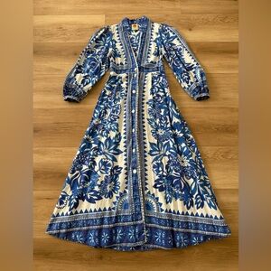 FRAM RIO BLUE LINEN TAPESTRY MAXI BLUE DRESS SMALL